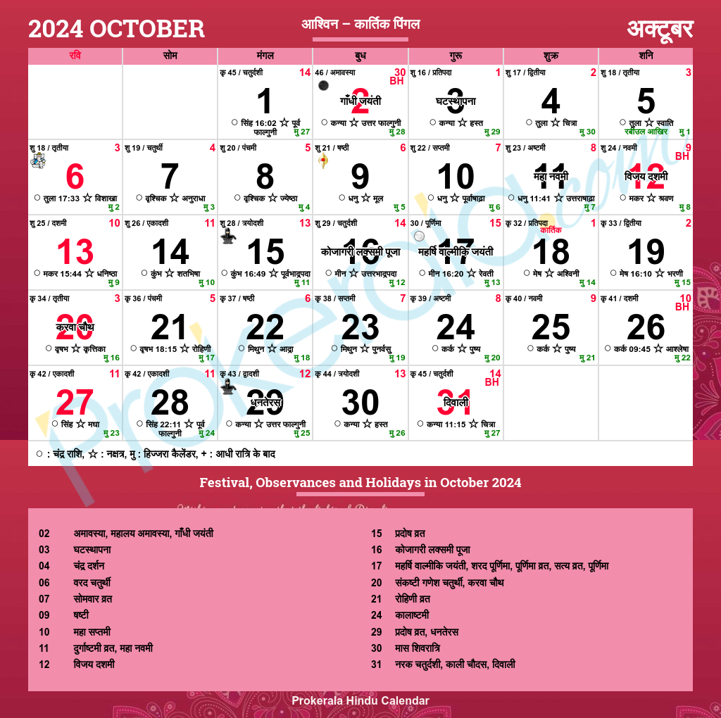 Hindu Calendar 2024, October | Calendar 2024