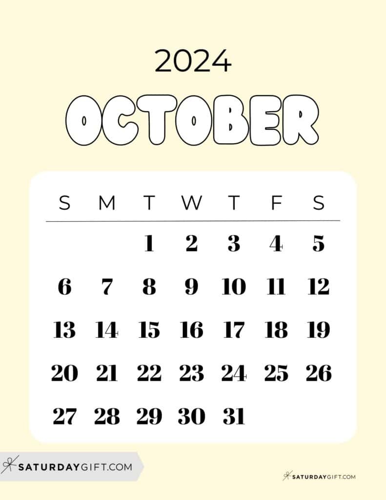 October 2024 Calendar - 20 Cute &amp;amp; Free Printables | Saturdaygift | Calendar 2024