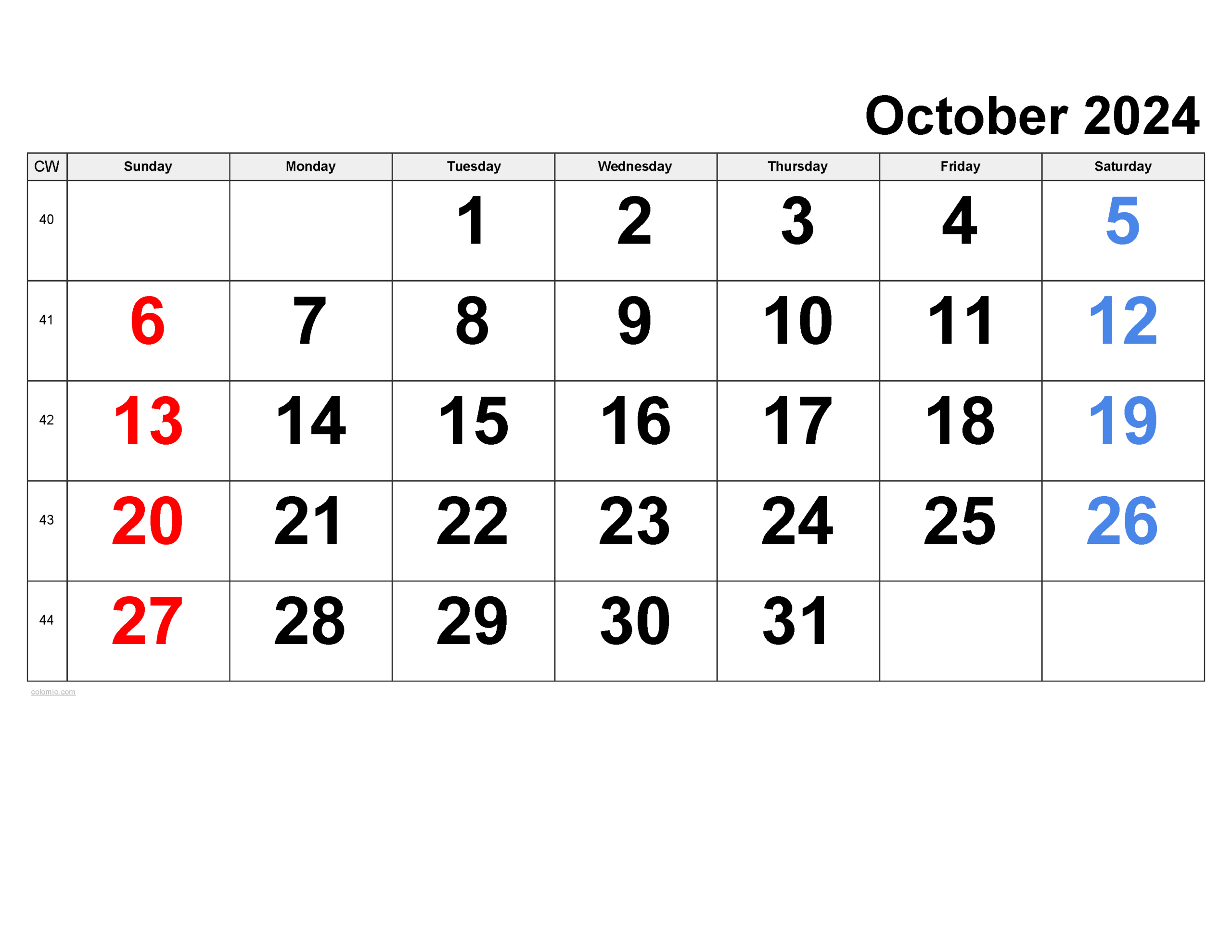 October 2024 Calendar | Free Printable Pdf, Xls And Png | October 2024 Weekly Calendar