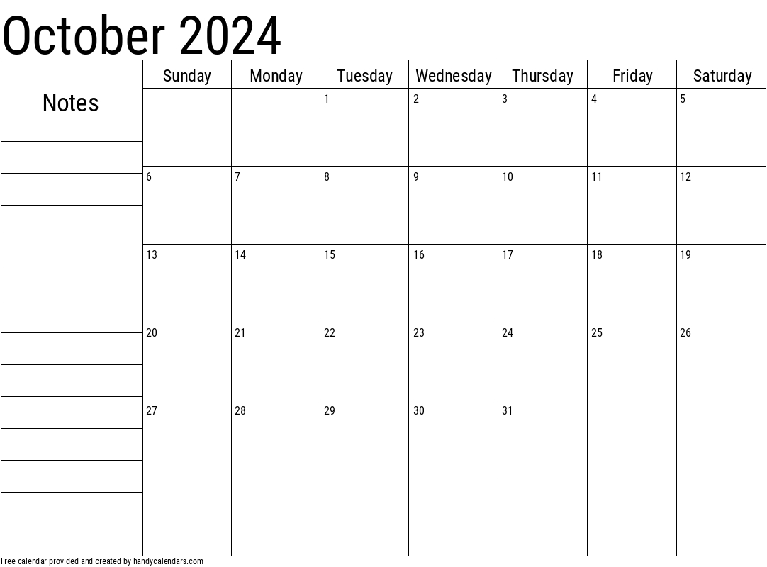 October 2024 Calendar With Notes - Handy Calendars | October 2024 Calendar With Notes