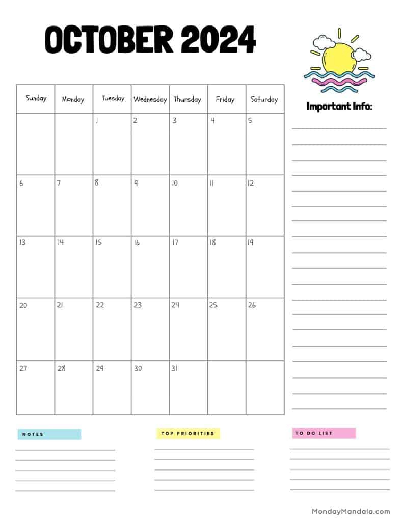 October 2024 Calendars (52 Free Pdf Printables) | October 2024 Calendar With Notes