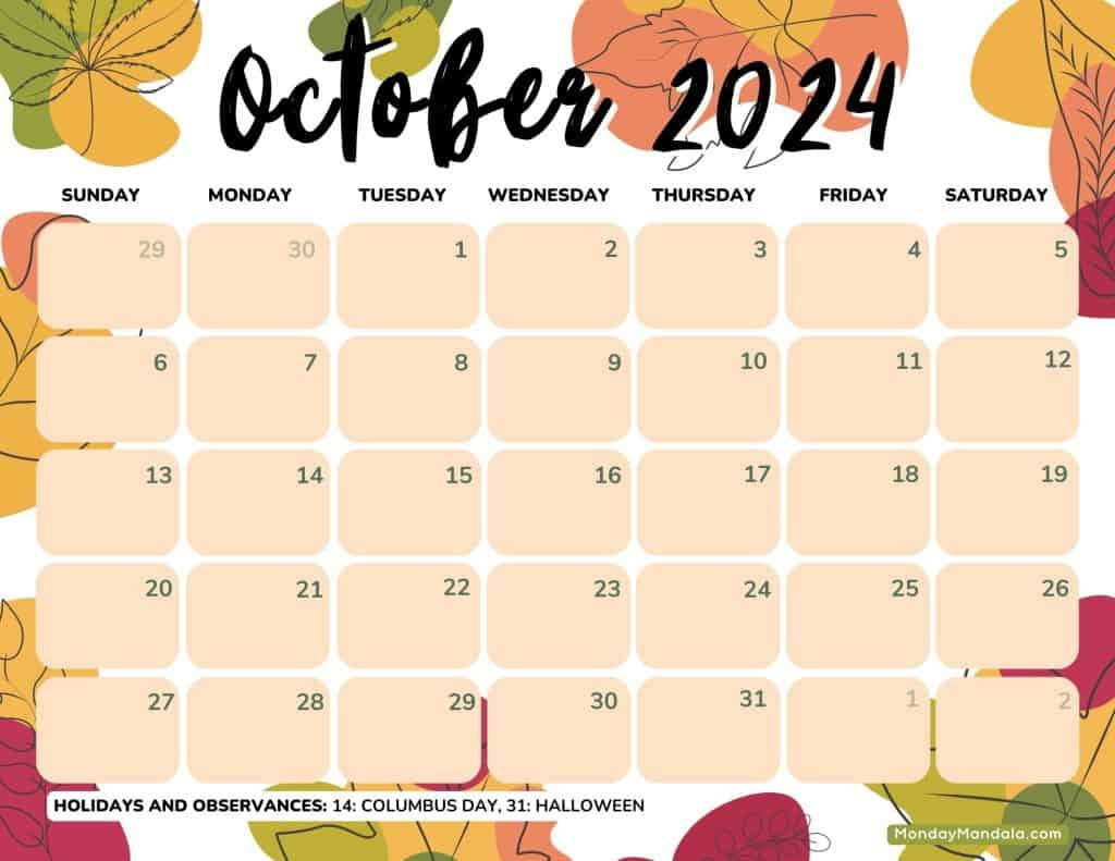 October 2024 Calendars (52 Free Pdf Printables) | October 2024 Fall Calendar