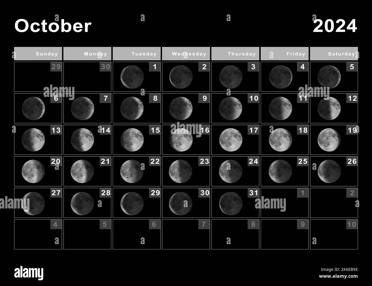 October 2024 Lunar Calendar, Moon Cycles, Moon Phases Stock Photo | October 2024 Calendar with Moon Phases