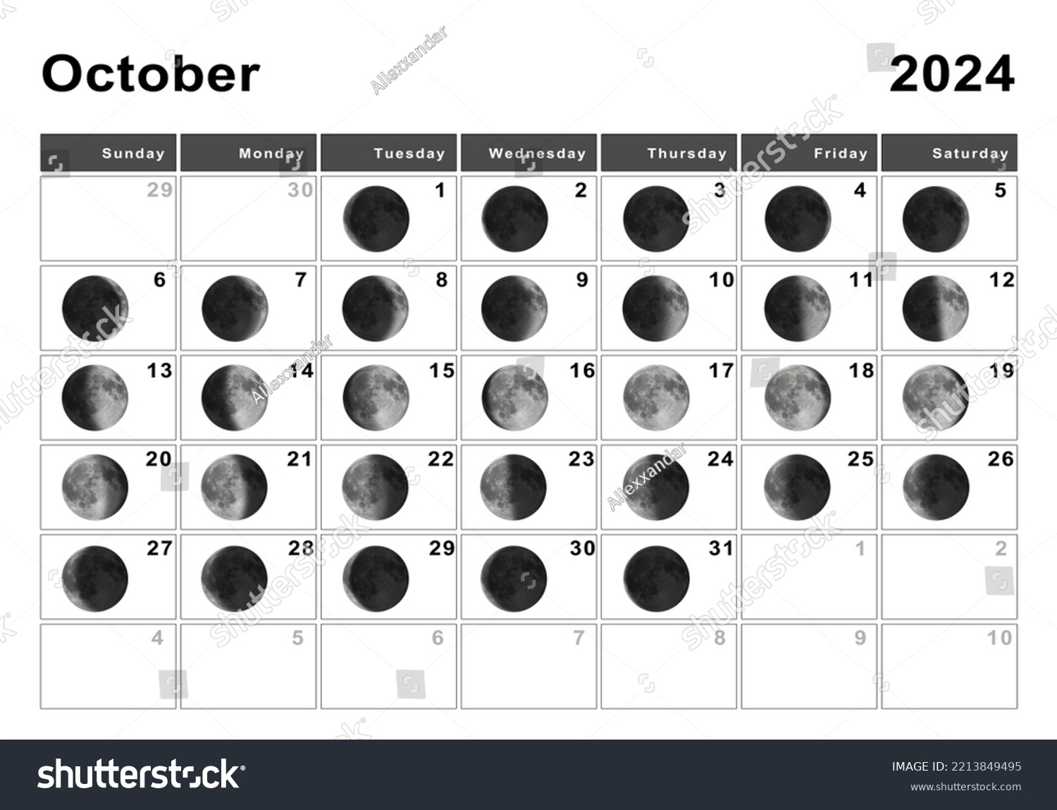 October 2024 Lunar Calendar Moon Cycles Stock Illustration | Calendar 2024