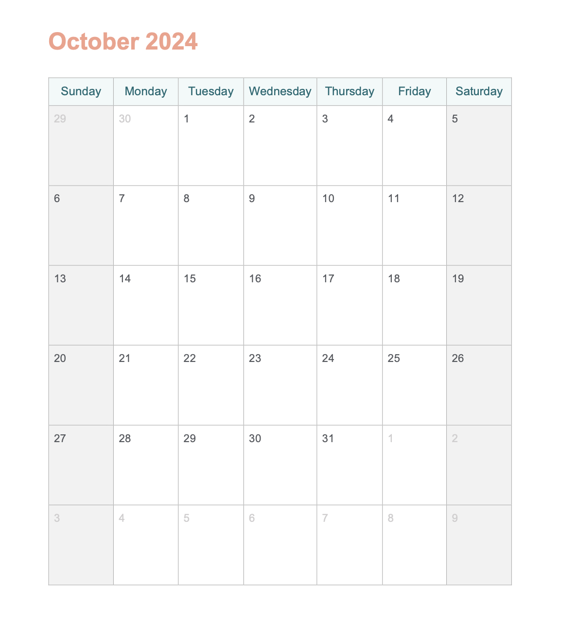 October 2024 Printable Calendar With Word - Agendrix | Calendar 2024