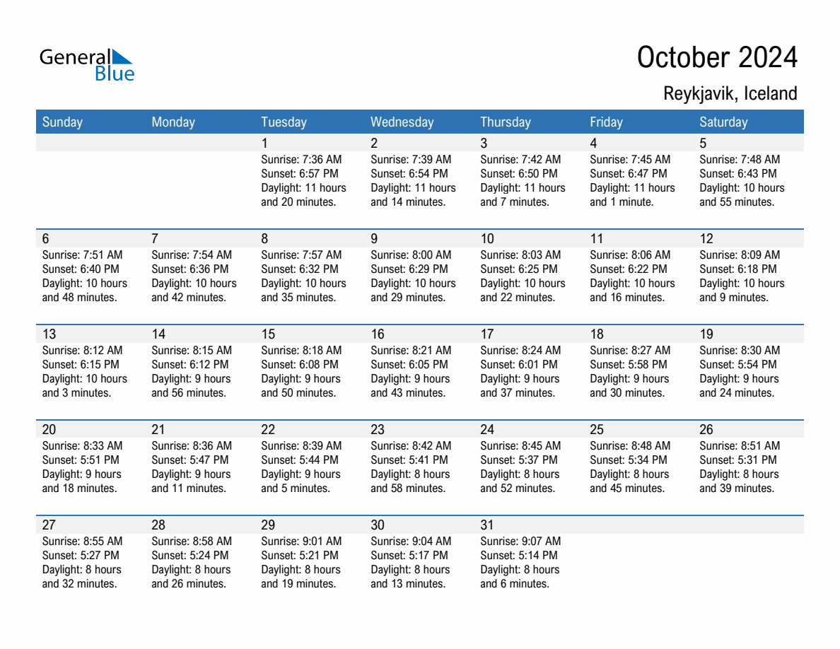 October 2024 Sunrise And Sunset Calendar For Reykjavik (Pdf, Excel | October 2024 Calendar Weather