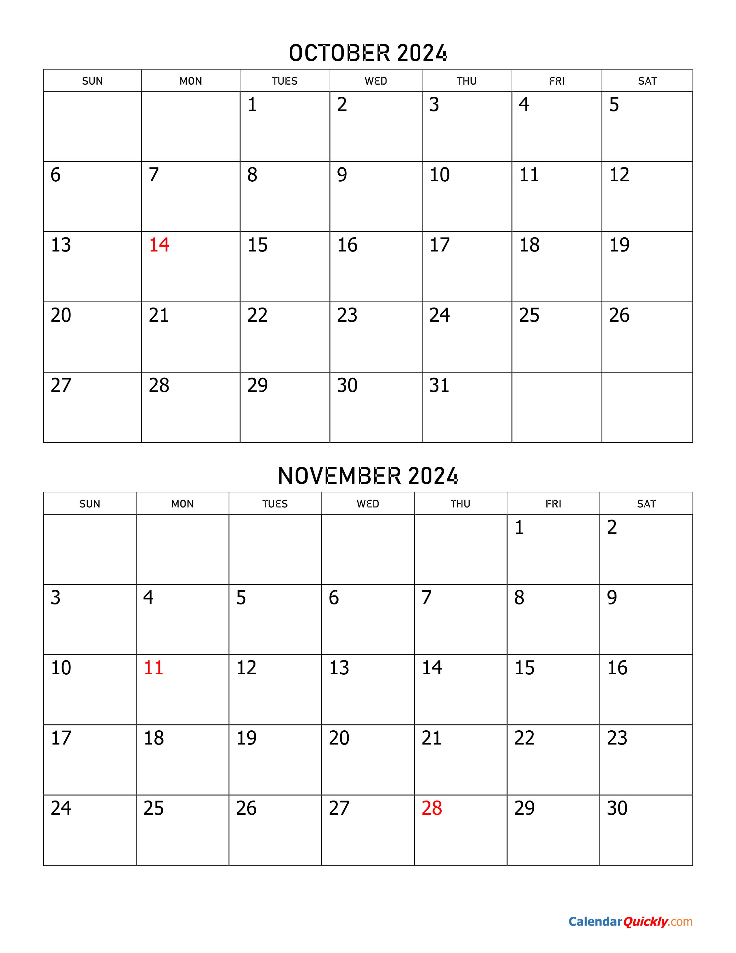 October And November 2024 Calendar | Calendar Quickly |  Calendar 2024