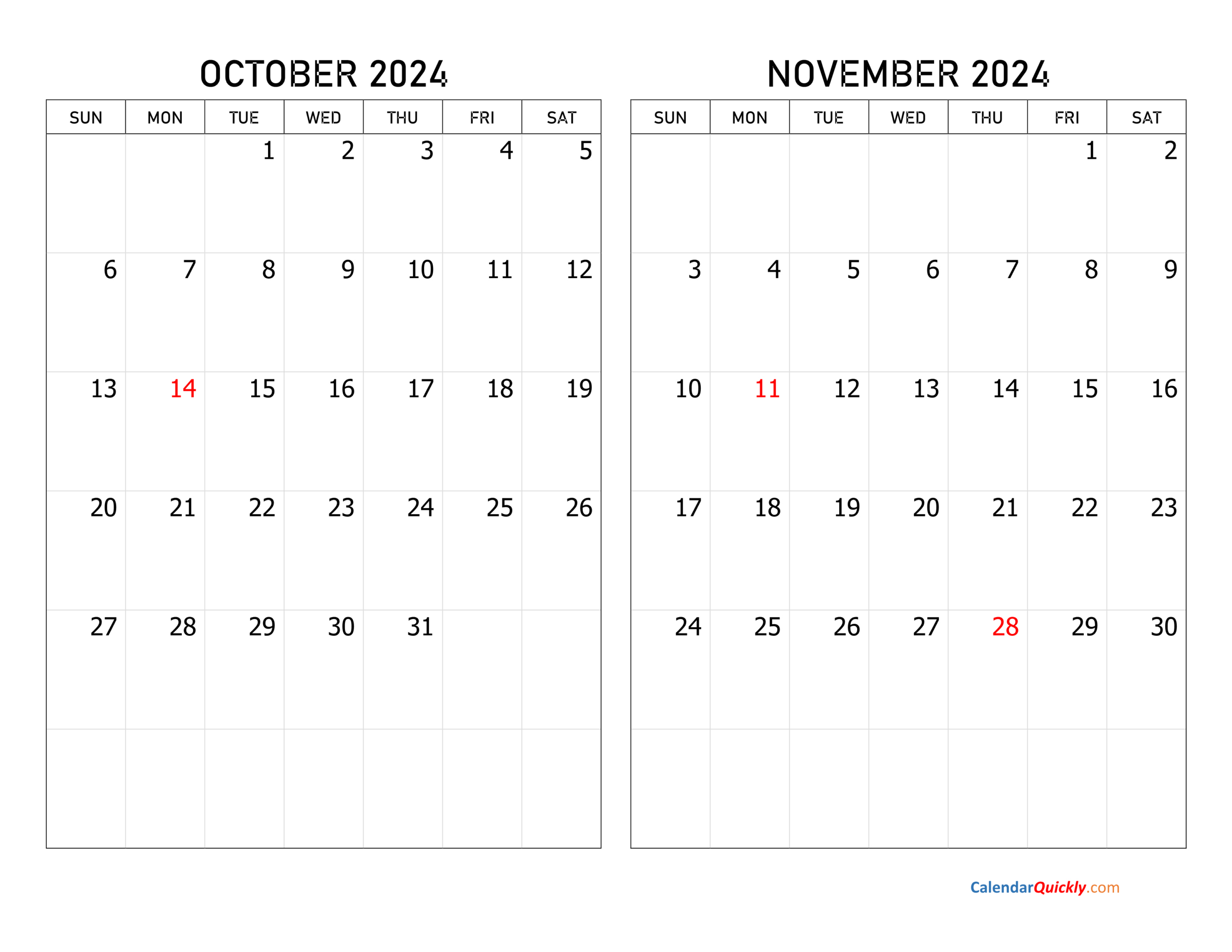 October And November 2024 Calendar | Calendar Quickly | Printable Calendar 2024 October November December