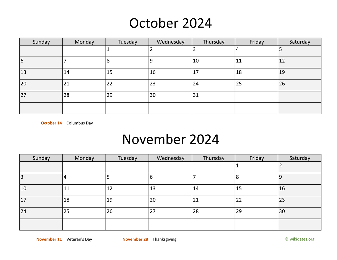 October And November 2024 Calendar | Wikidates | October November 2024 Calendar Printable