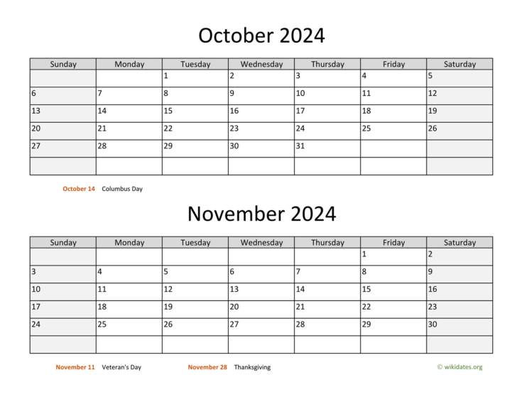 Printable Calendar October and November 2024 | Calendar 2024