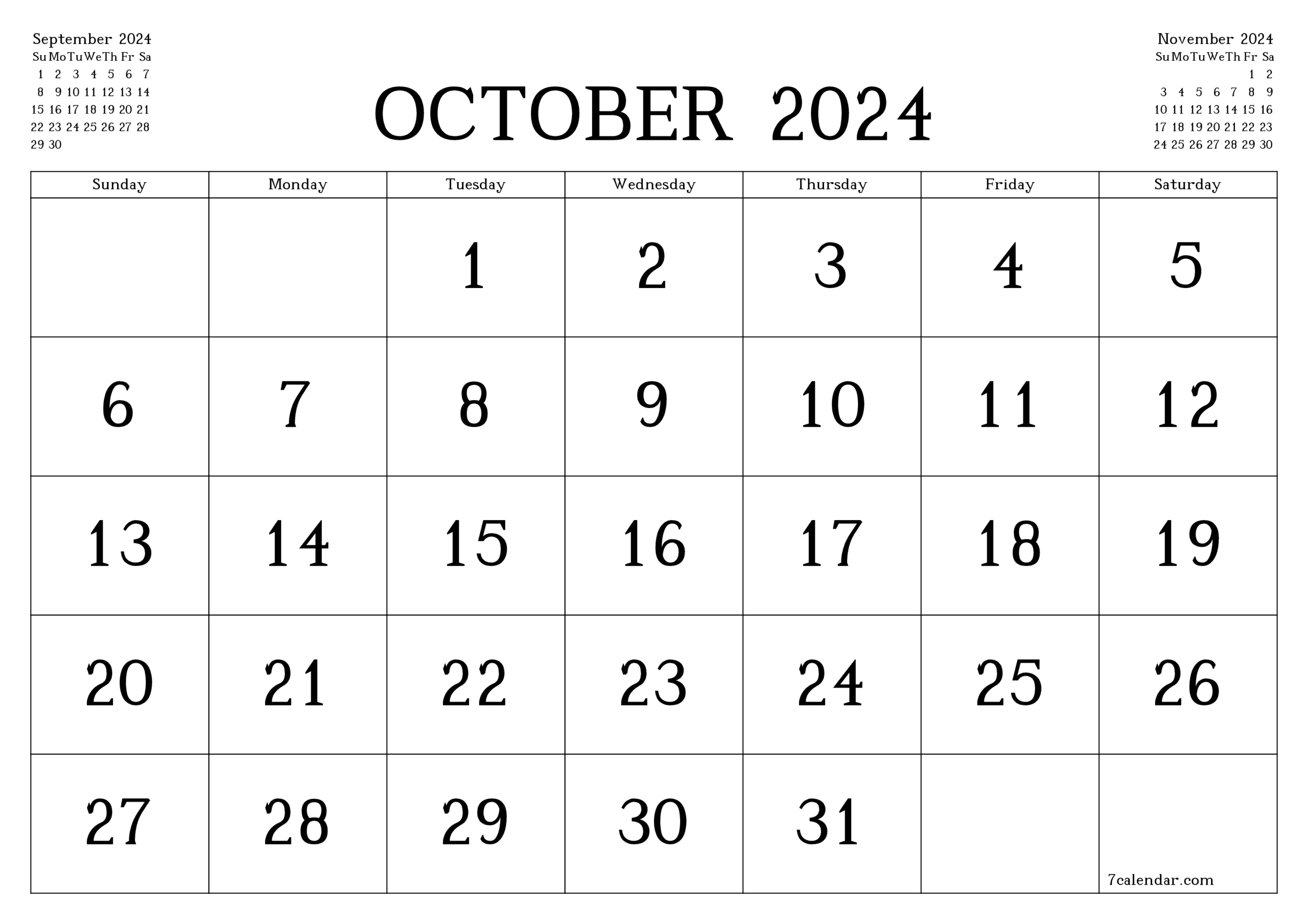 October Calendar 2024 Printable Template - 7Calendar | October 7 2024 Calendar