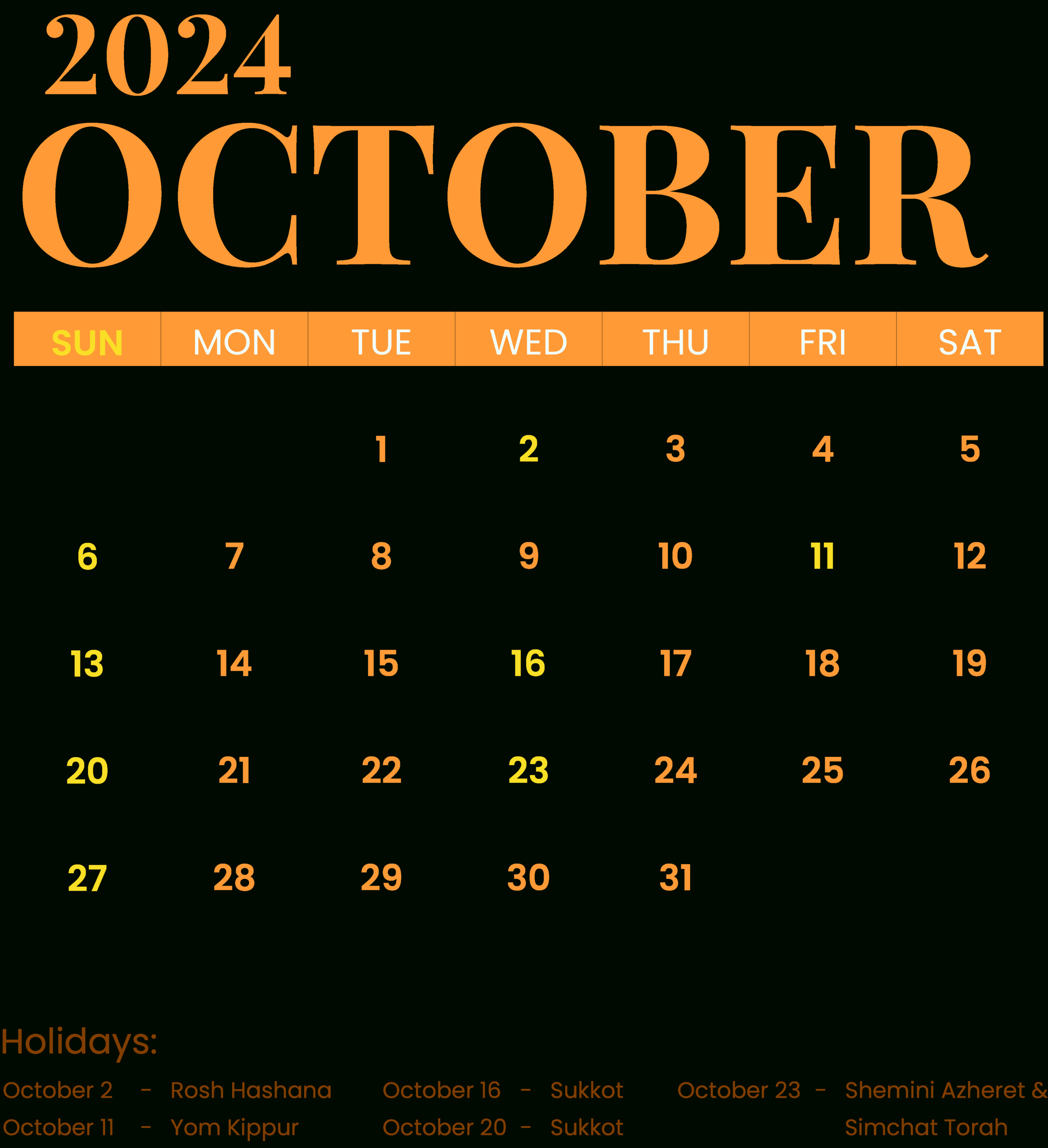 October Calendar 2024 With Jewish Holidays Template - Edit Online | October 2024 Calendar With Jewish Holidays