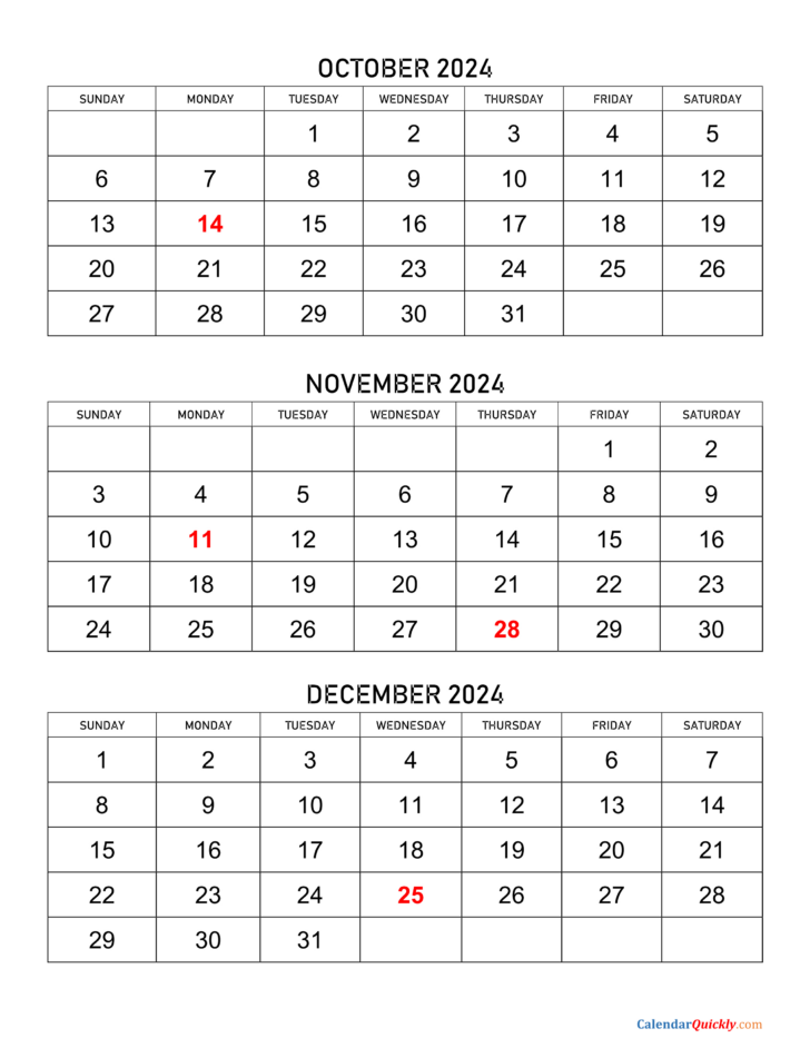 Calendar Printable October November December 2024 | Calendar 2024