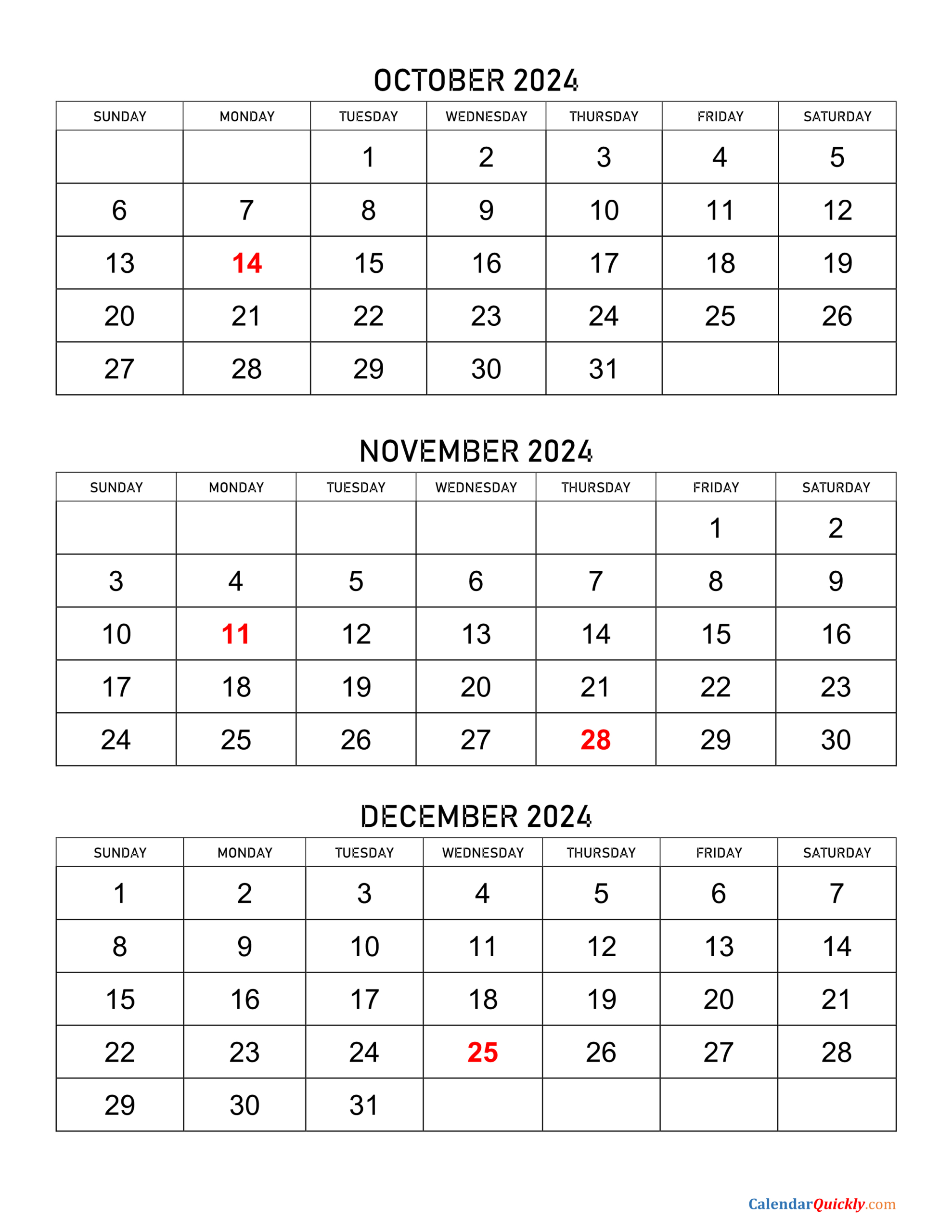 October To December 2024 Calendar | Calendar Quickly | Calendar Printable October November December 2024