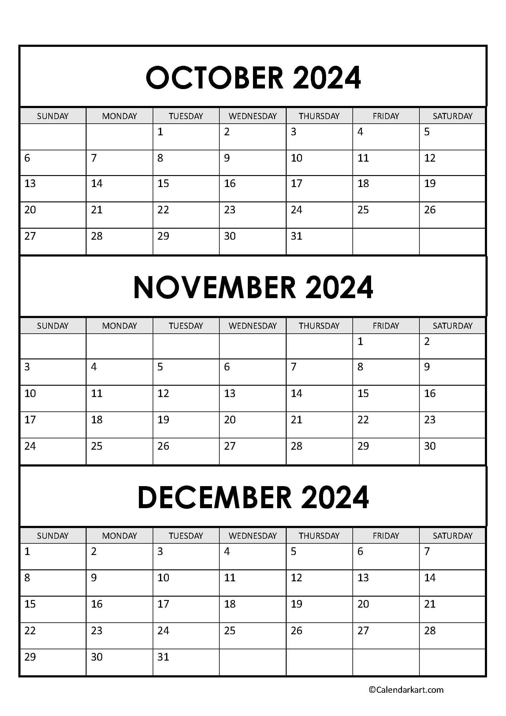 October To December 2024 Calendar (Q4) - Calendarkart | Calendar Printable October November December 2024