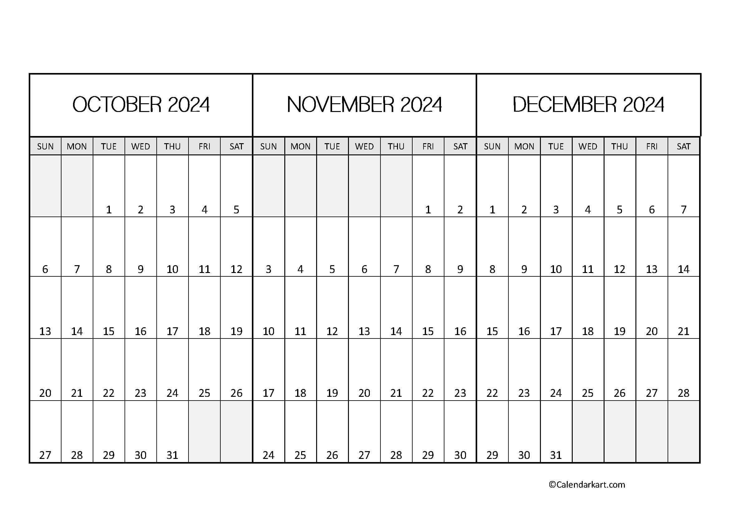 October To December 2024 Calendar (Q4) - Calendarkart | October November December 2024 Calendar Printable