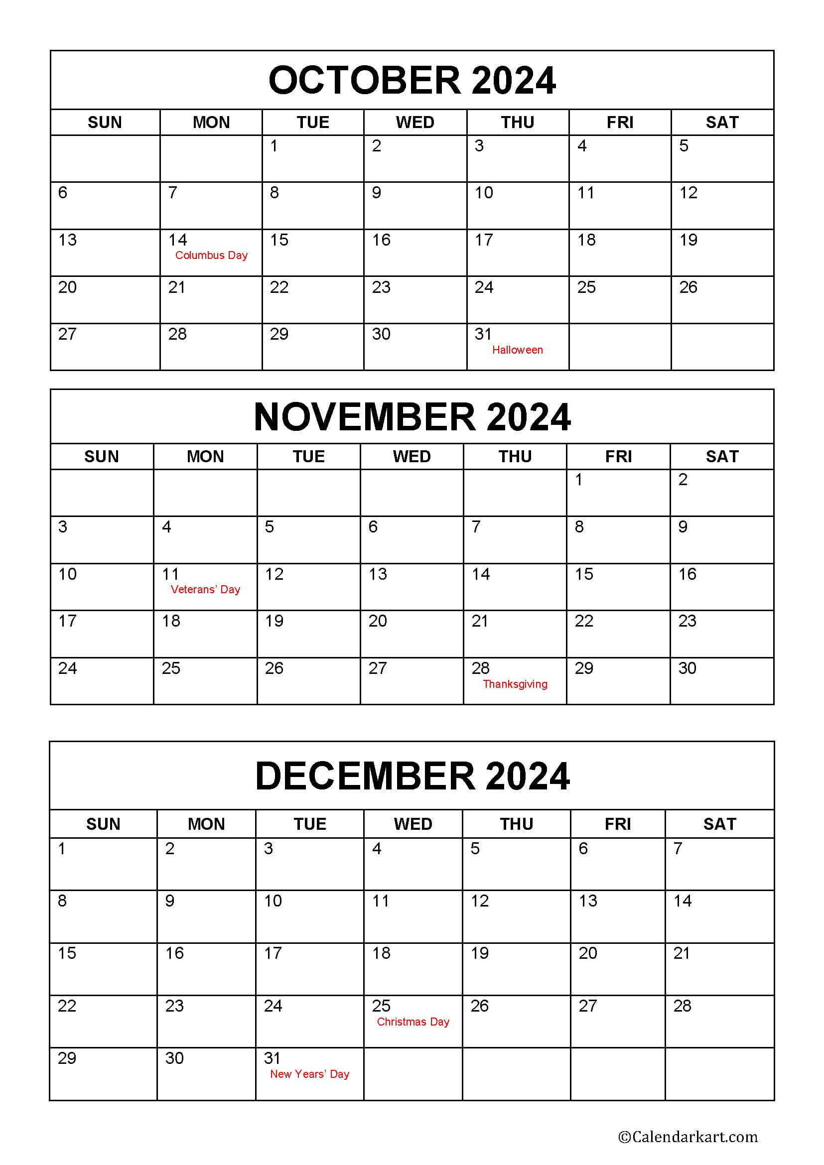 October To December 2024 Calendar (Q4) - Calendarkart | Printable Calendar October November December 2024