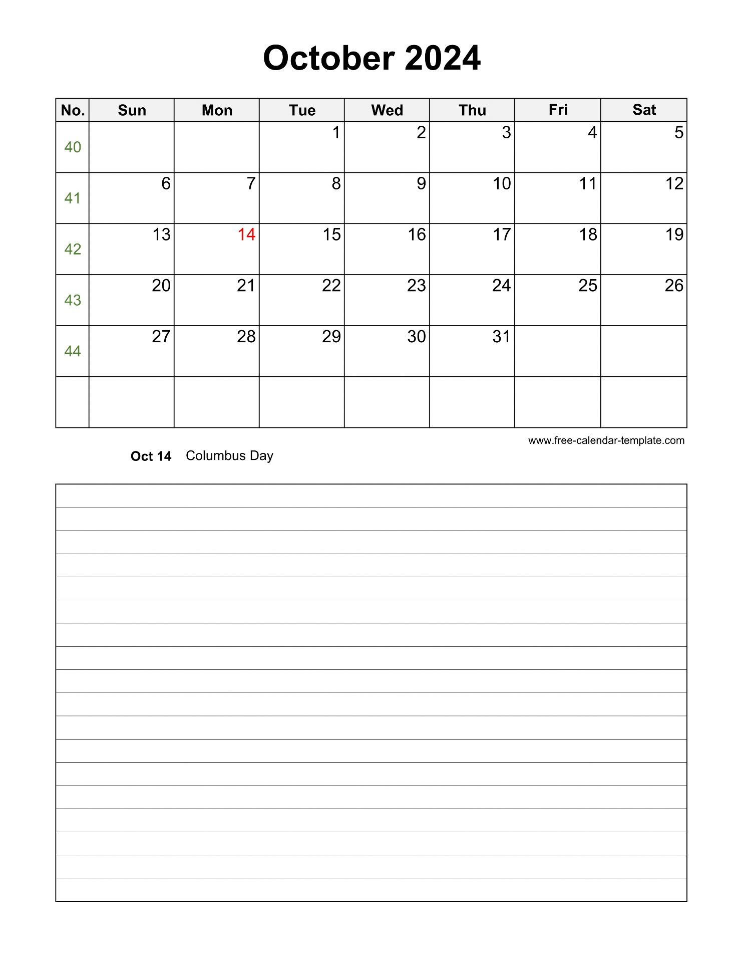 October 2024 Calendar with Notes Calendar 2024 Printable Calendar 2024