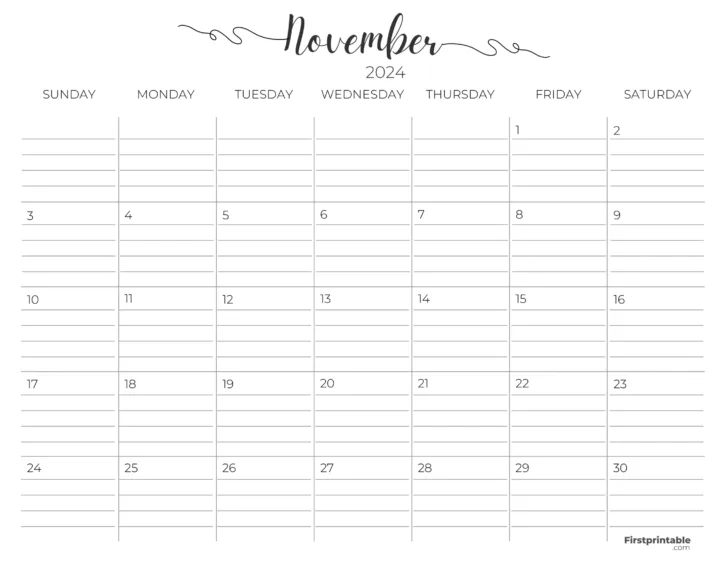 Printable Calendar With Lines November 2024 | Calendar 2024