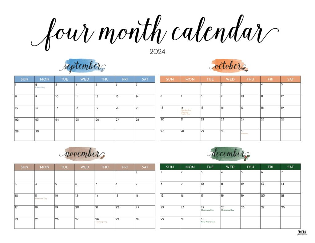 2024 Four Month Calendars - 18 Free Printables | Printabulls | Printable Calendar August September October November December 2024