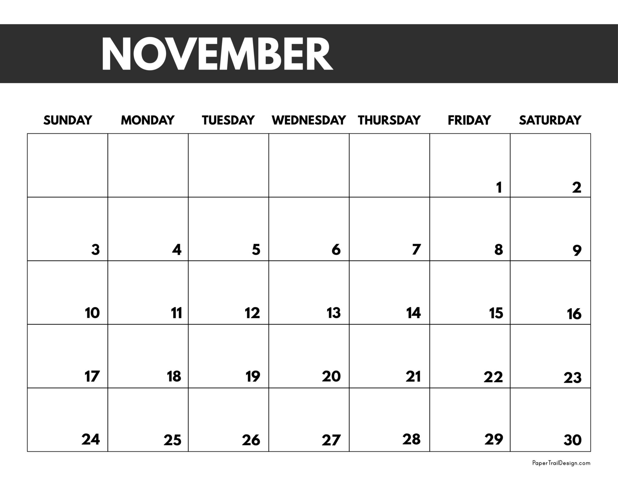 2024 Free Monthly Calendar Templates - Paper Trail Design | November Printable Calendar 2024 Happy Planner