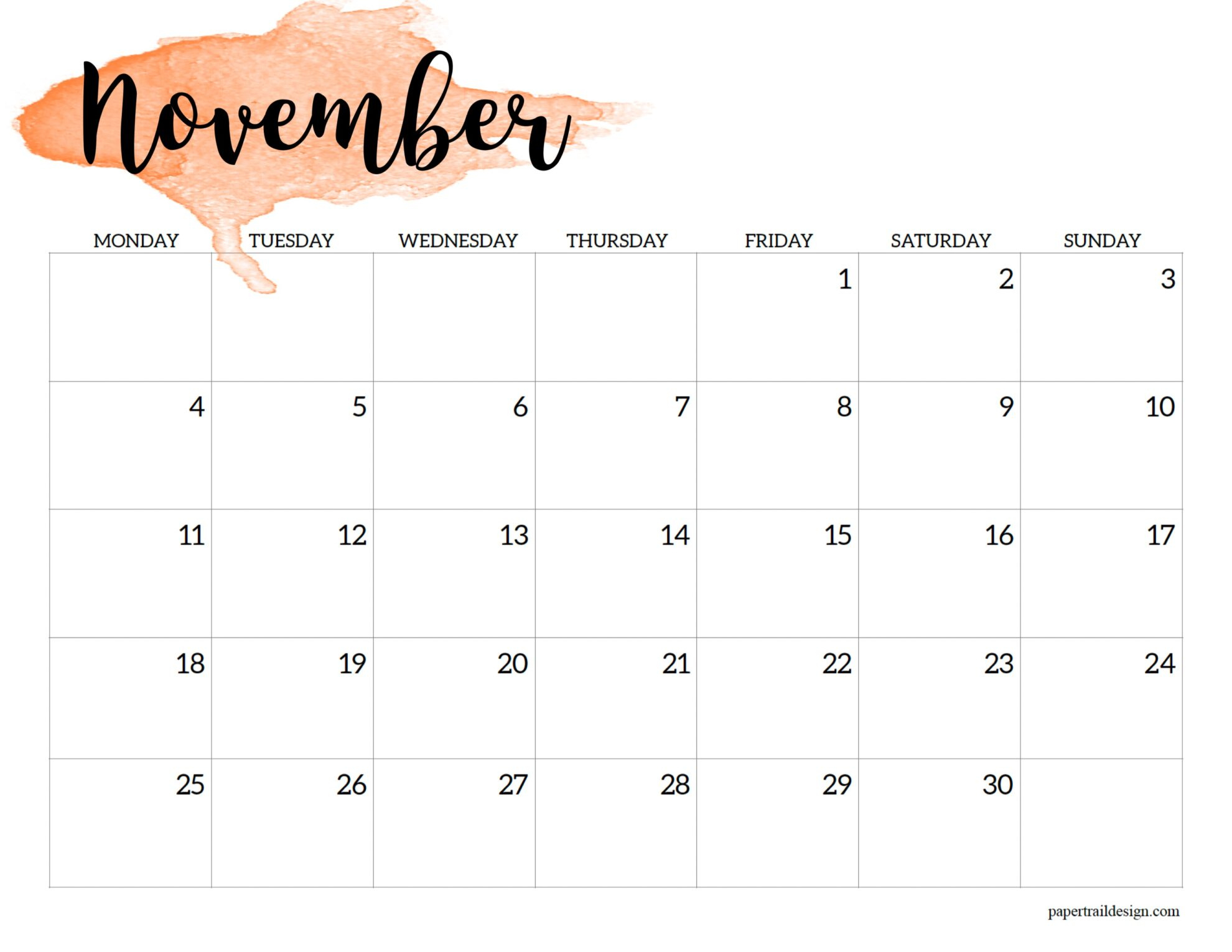 2024 Monday Start Calendar Printable - Watercolor - Paper Trail Design | November Calendar 2024 Printable Starting Monday