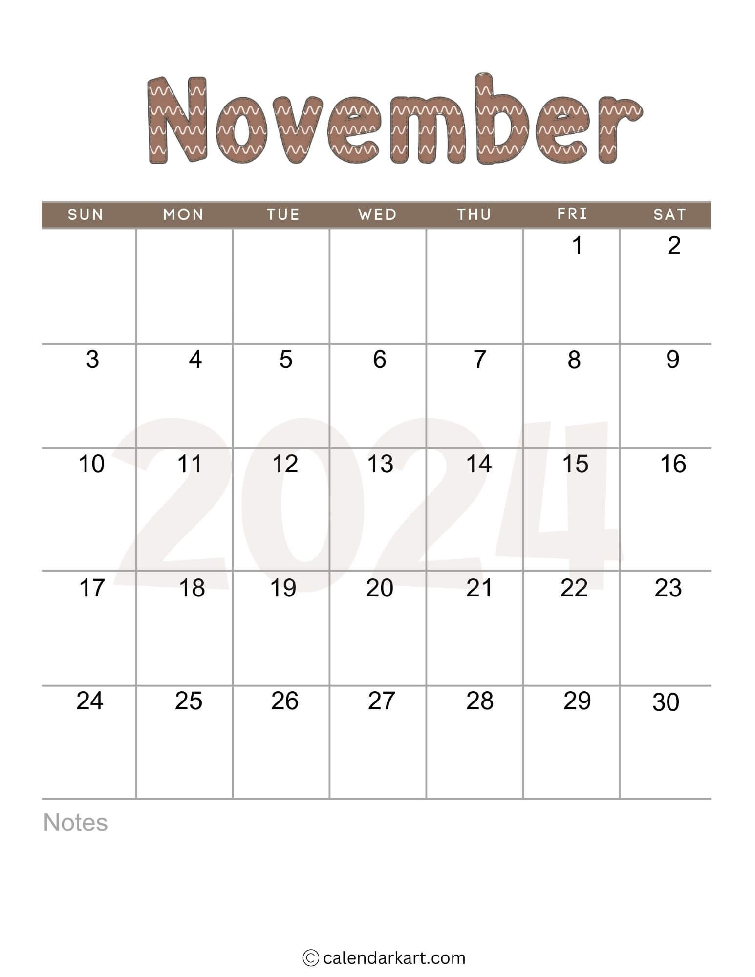 38 Printable November 2024 Calendars | Free Pdf - Calendarkart | November Calendar 2024 Printable Wide Lines