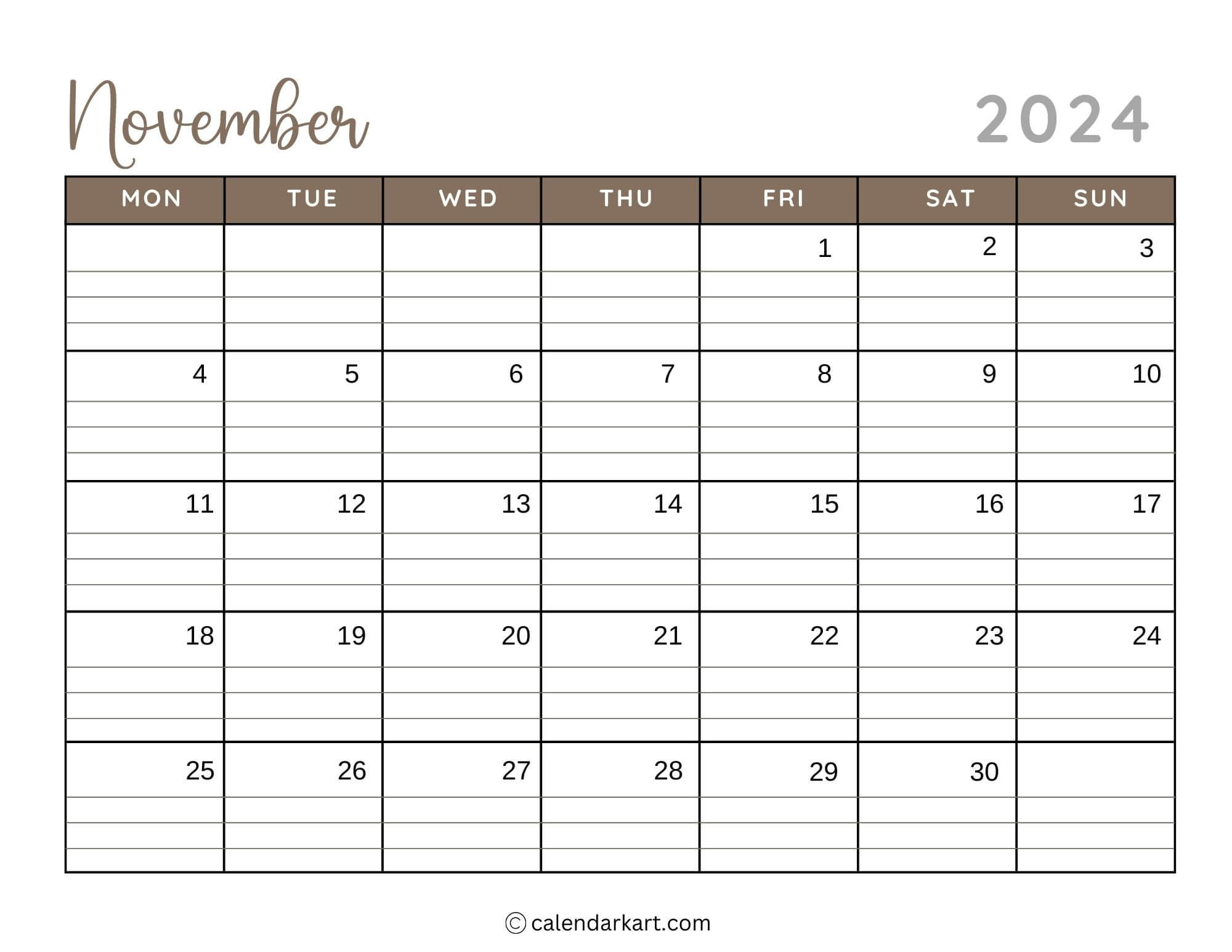 38 Printable November 2024 Calendars | Free Pdf - Calendarkart | November Calendar 2024 Printable Wide Lines