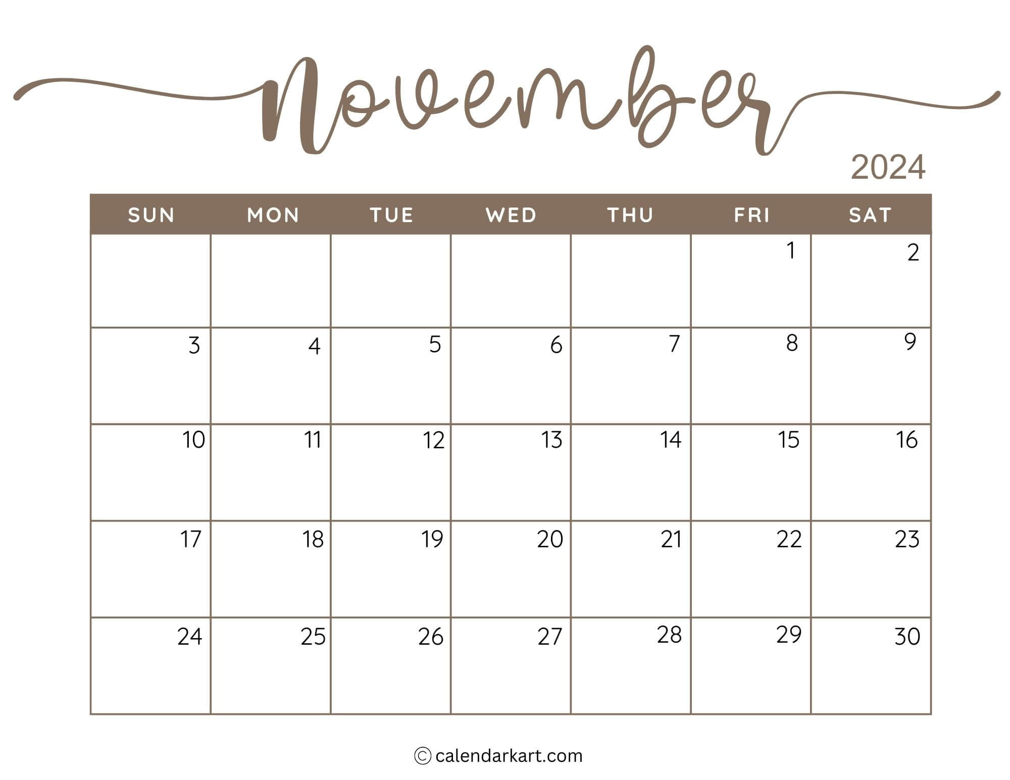 38 Printable November 2024 Calendars | Free Pdf - Calendarkart | Printable Calendar For November 2024 Menu