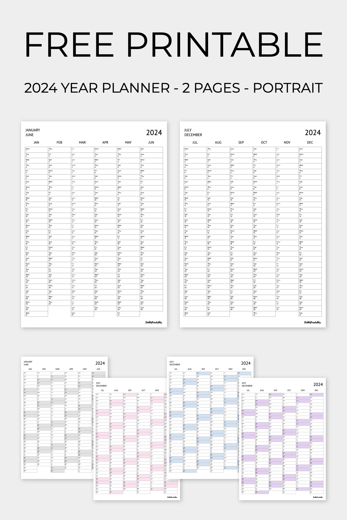 Bobbiprintables — Free 2024 Year Planner - 2 Pages - Portrait | November Calendar 2024 Printable Tumblr