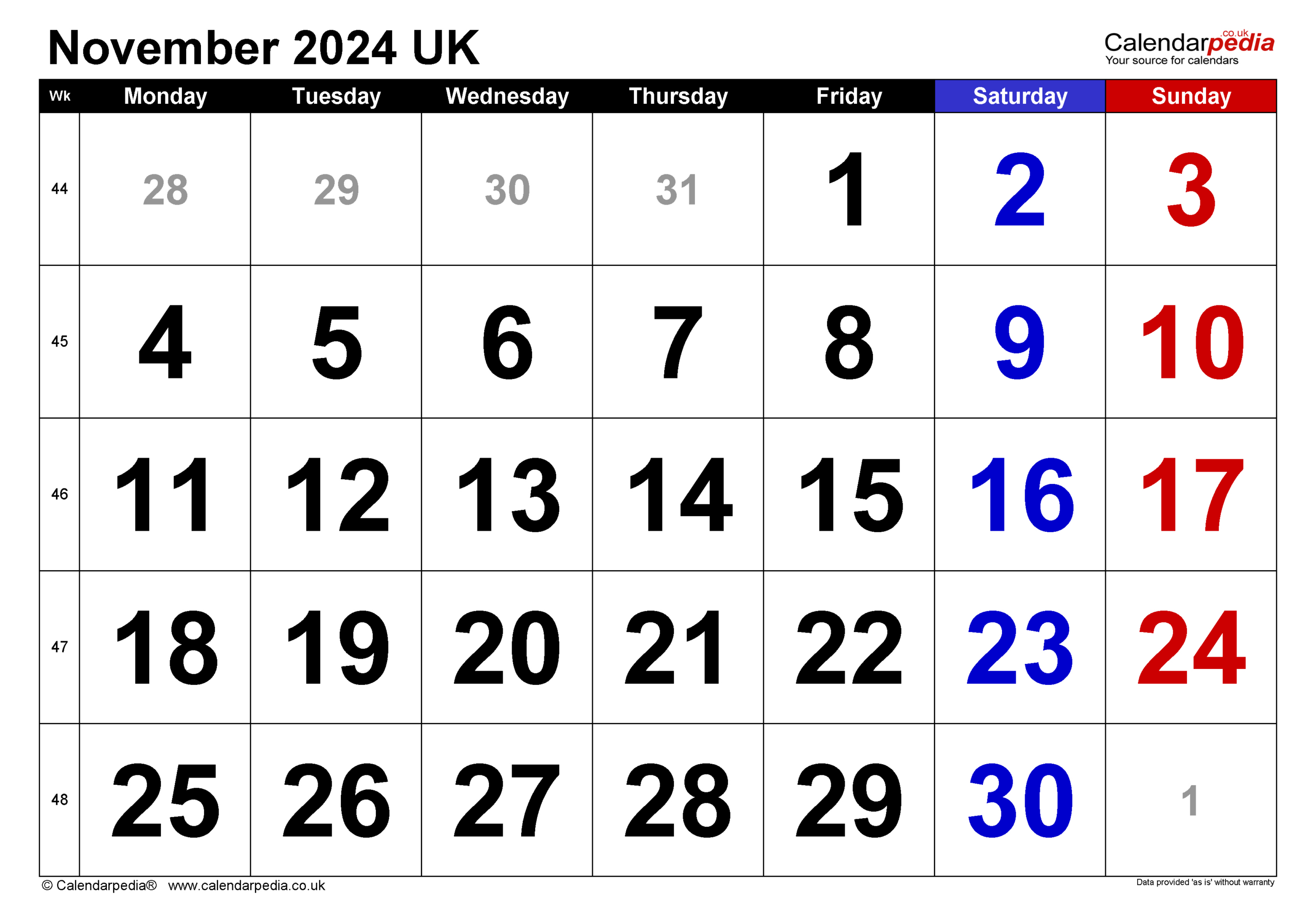 Calendar November 2024 Uk With Excel, Word And Pdf Templates | November 2024 Calendar With Holidays Printable