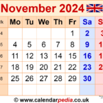 Calendar November 2024 Uk With Excel, Word And Pdf Templates | November Calendar 2024 Printable UK