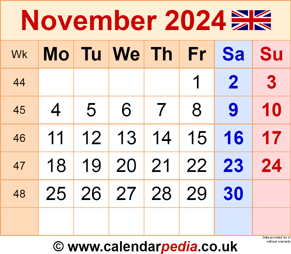 Calendar November 2024 Uk With Excel, Word And Pdf Templates | November Calendar 2024 Printable UK