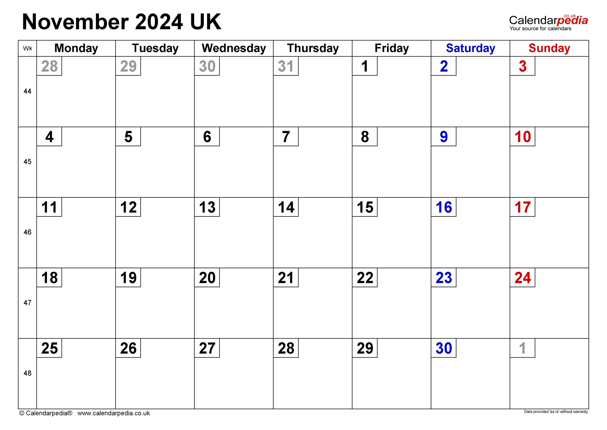 Calendar November 2024 Uk With Excel, Word And Pdf Templates | Printable Calendar November 2024 UK