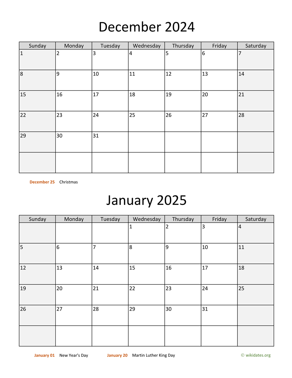 December 2024 And January 2025 Calendar | Wikidates | November December January 2024 Calendar Printable