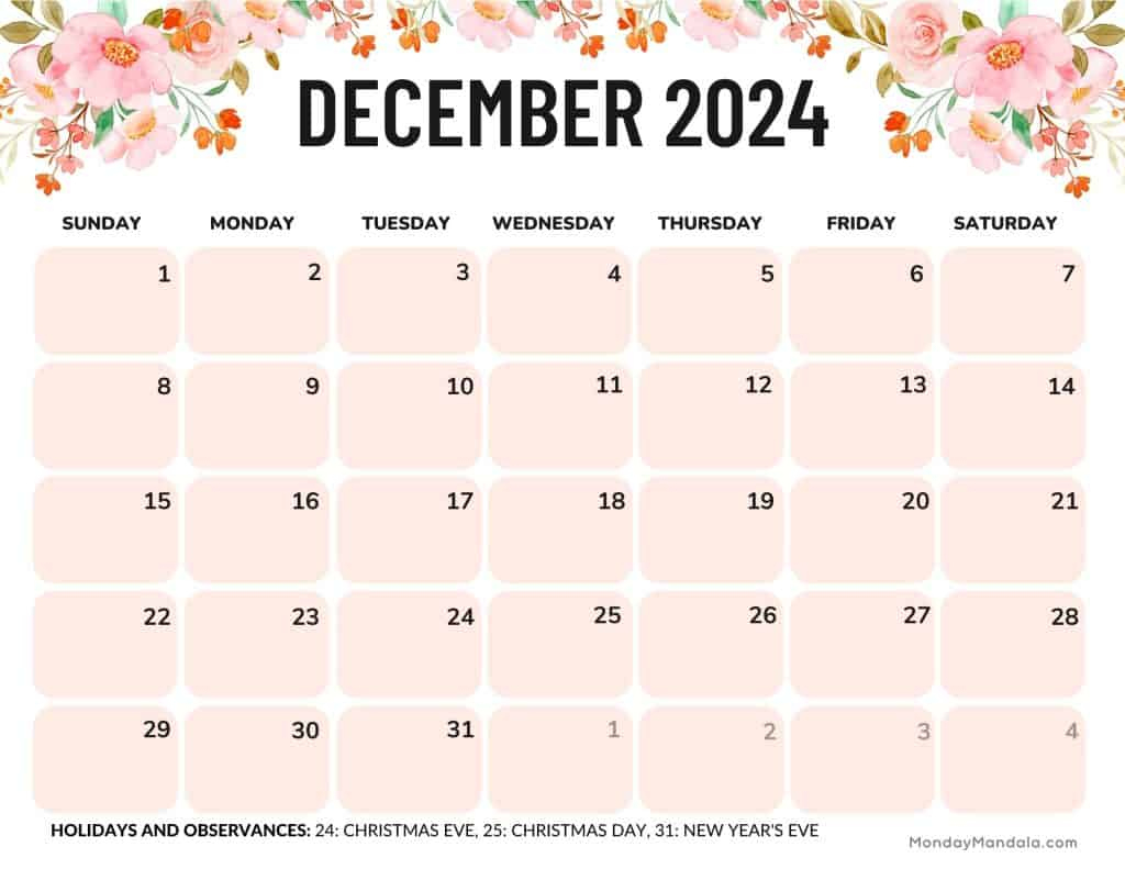 December 2024 Calendars (52 Free Pdf Printables) | November December 2024 Fancy Calendar Free Printable