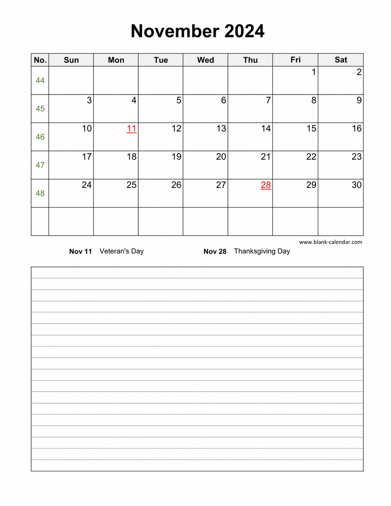 Download November 2024 Blank Calendar With Space For Notes (Vertical) | November 2024 Printable Calendar With Notes