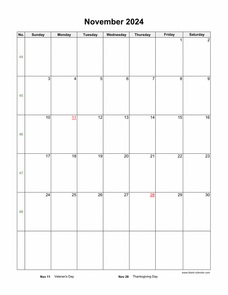 Download November 2024 Blank Calendar With Us Holidays (Vertical) | Printable Blank Calendar 2024 November December