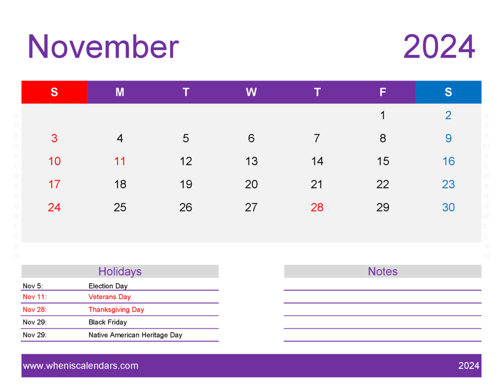 Download November 2024 Printable Calendar Waterproof Letter | Calendar 2024