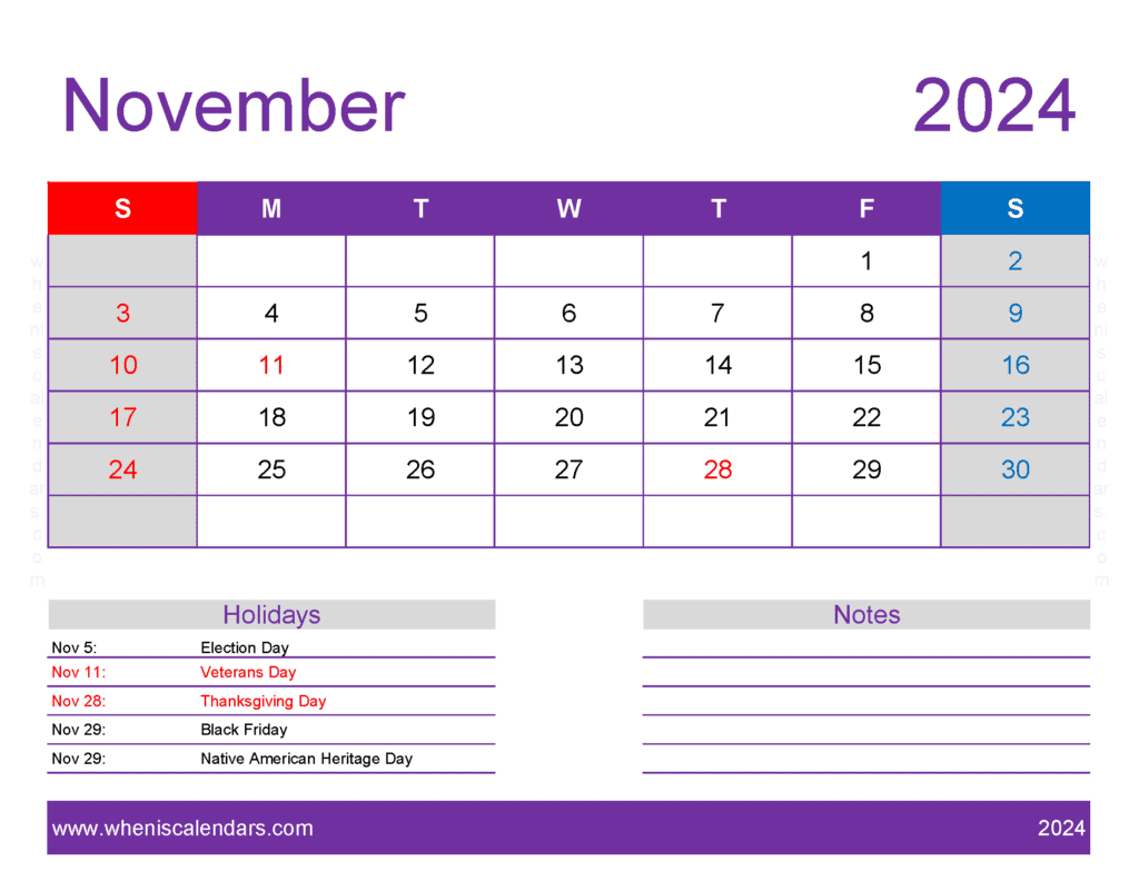 Download November 2024 Printable Calendar Waterproof Letter | Printable Calendar Waterproof November 2024