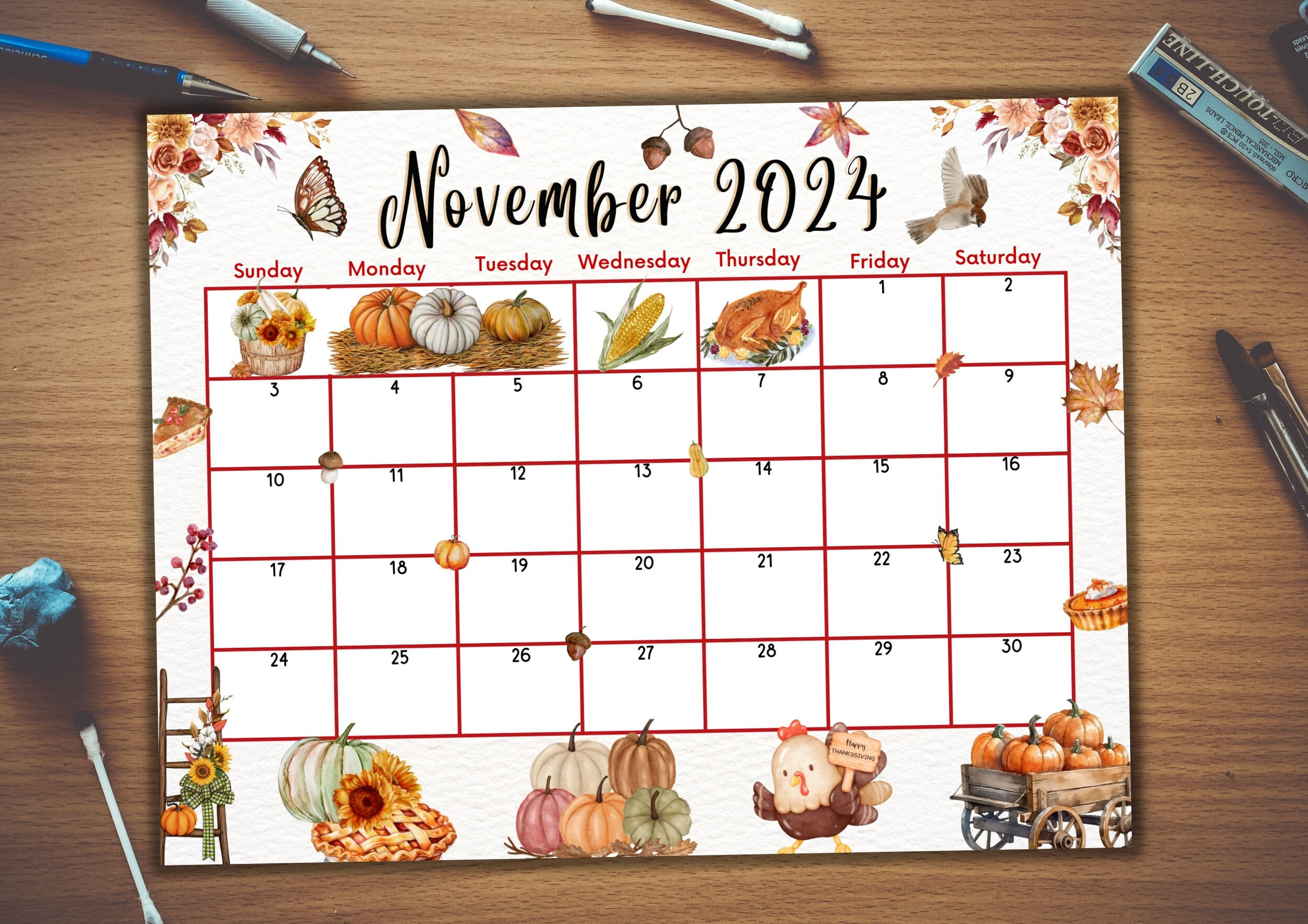 Editable Fillable November 2024 Calendar, Printable, Thanksgiving | Calendar 2024