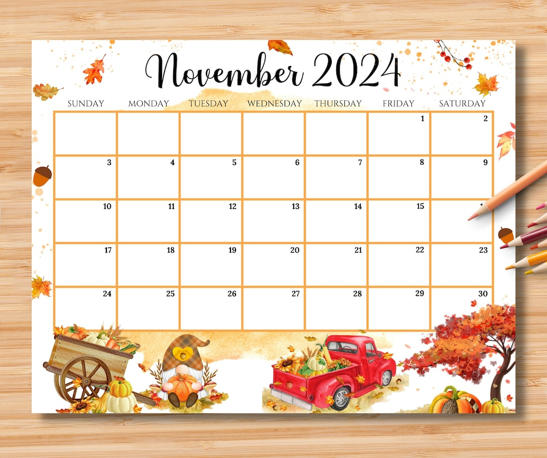 Editable November 2024 Calendar, Beautiful Fall Autumn W/ Pumpkins | Printable Calendar Waterproof November 2024