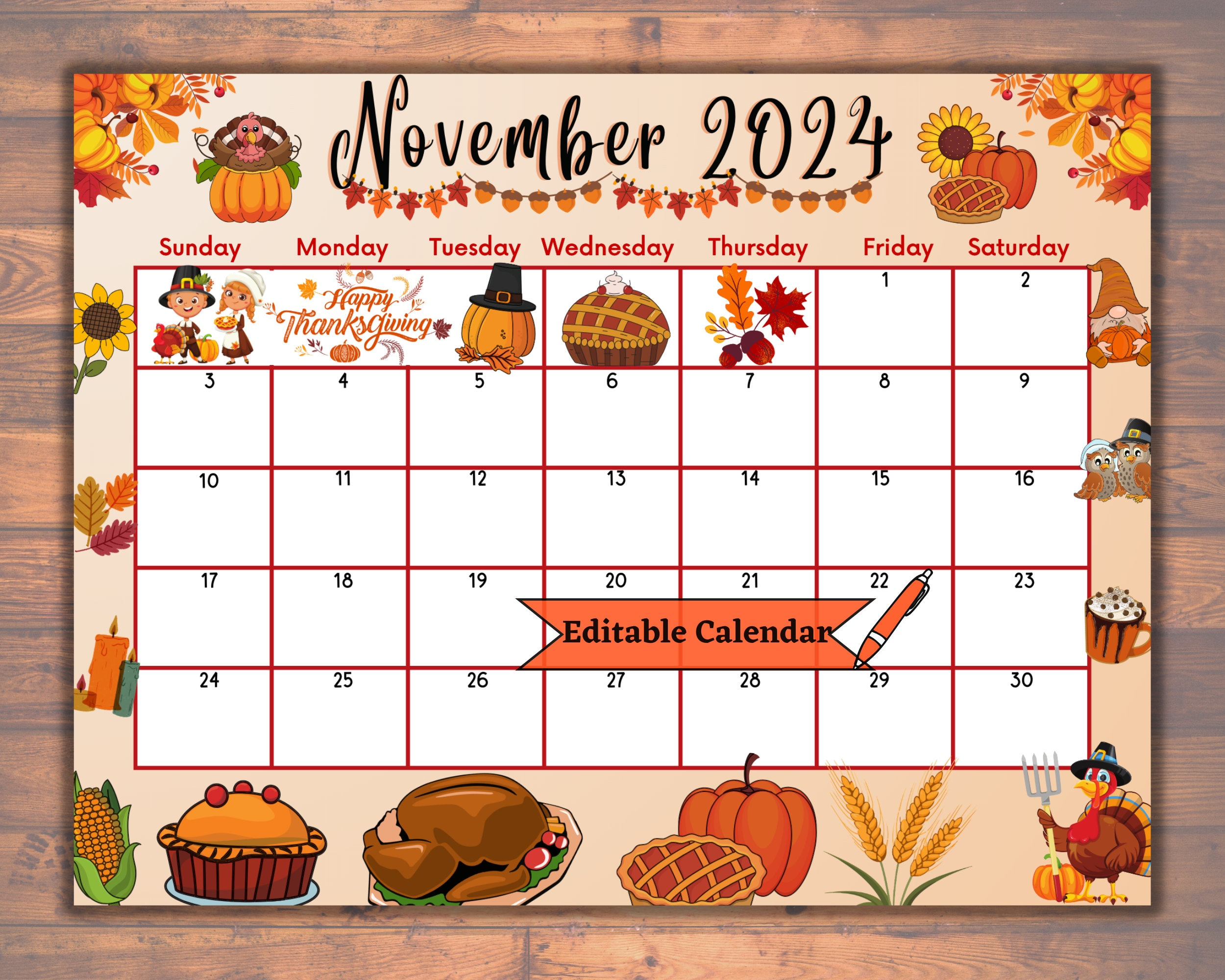 Editable November 2024 Calendar, Fillable, Printable, Happy | Calendar 2024