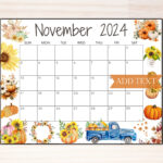 Editable November 2024 Calendar, Printable Calendar For Fall W | Printable Calendarcalligraphy Monthly November 2024