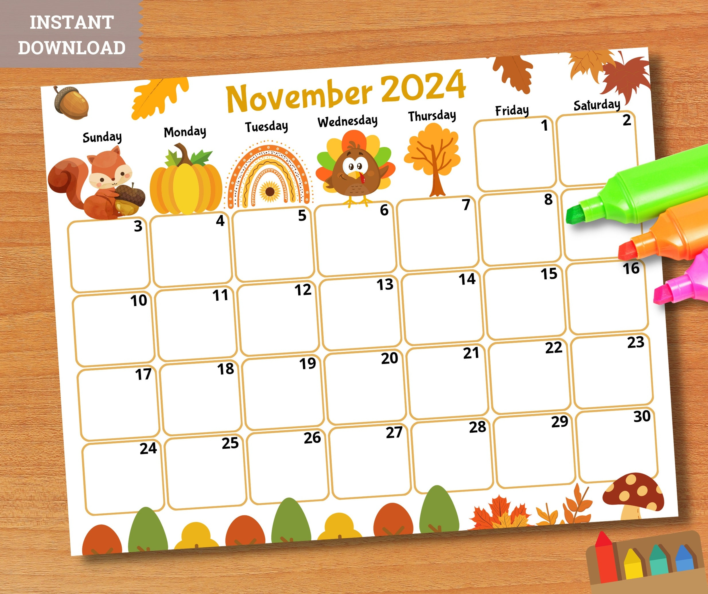 Editable November 2024 Calendar, Printable Kid Calendar 2024 | November Printable Classroom Calendar 2024