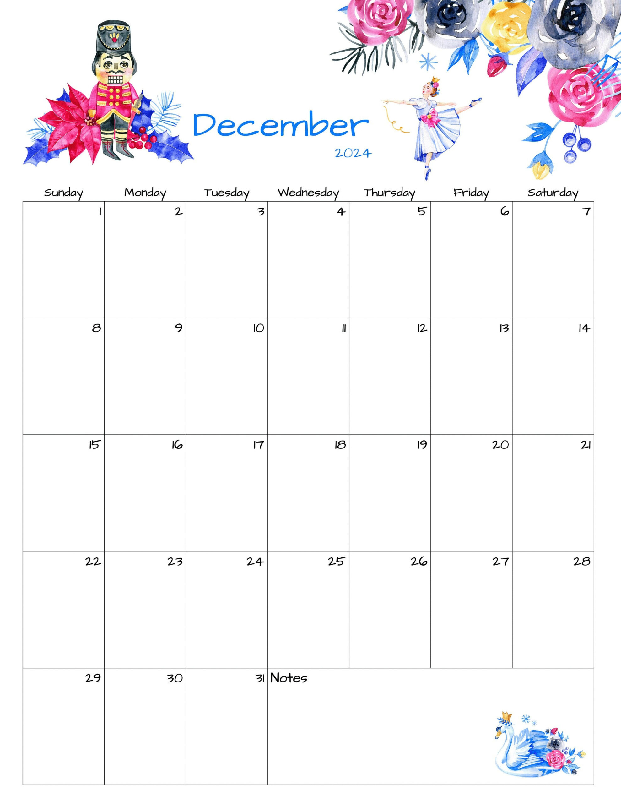 Fillable/Editable December Calendar December 2024 Printable | November December 2024 Calendar Printable Nutcracker