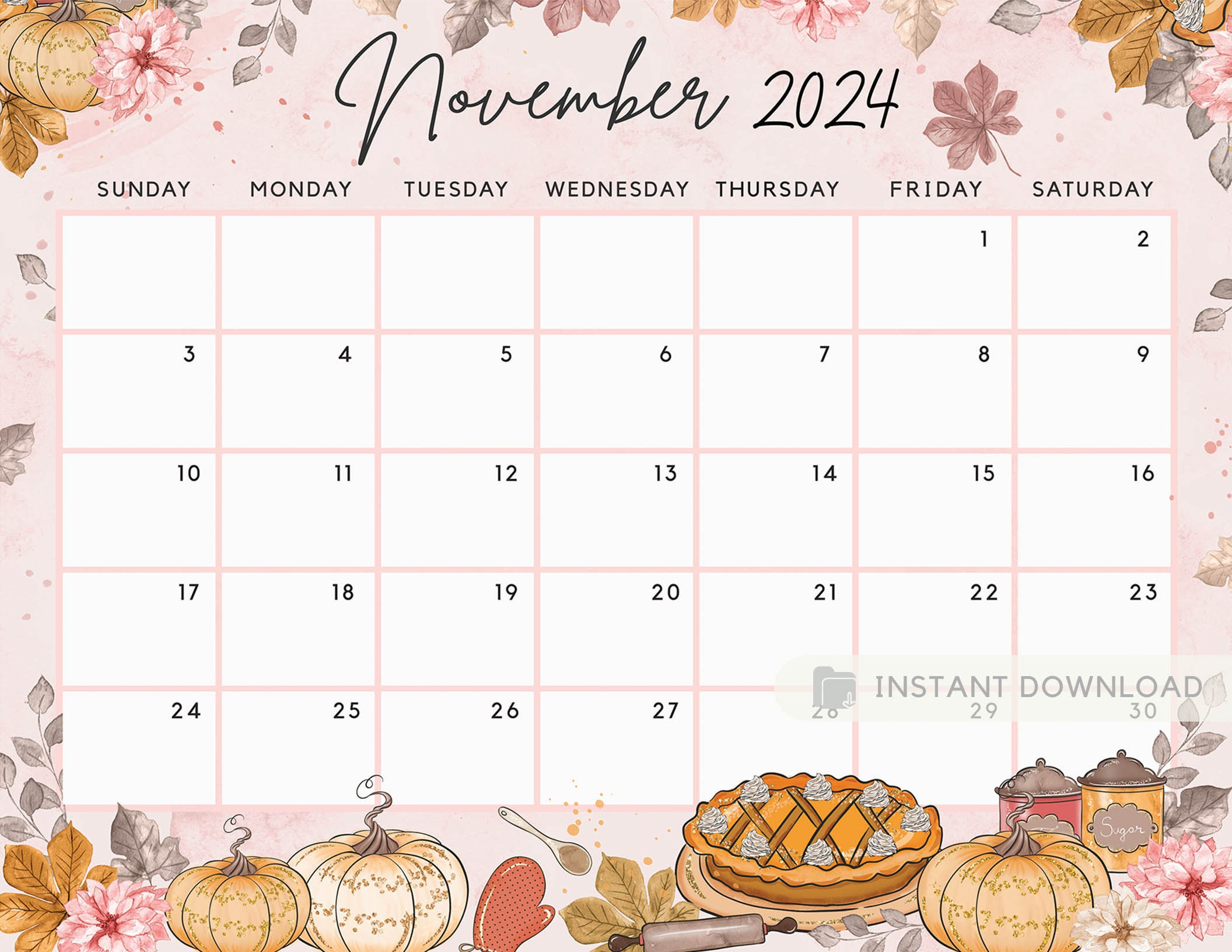 Fillable November 2024 Calendar, Sweet Autumn. Cute Fall Pumpkin | Calendar 2024