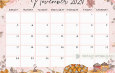 Fillable November 2024 Calendar, Sweet Autumn. Cute Fall Pumpkin | Printable Calendar November 2024 Girls