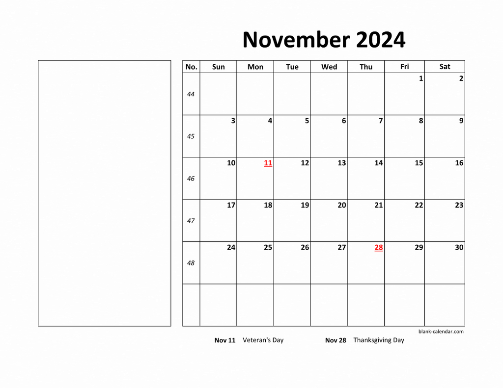 Free Download Printable November 2024 Calendar, Large Box | Calendar 2024