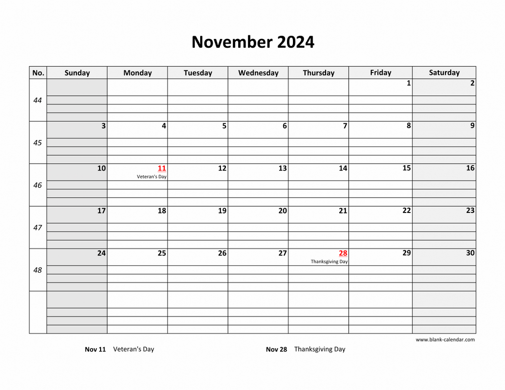 Free Download Printable November 2024 Calendar, Large Box Grid | November Calendar 2024 Printable Large Boxes